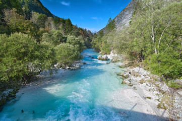 Beautiful turquoise mountain river Soca (Isonzo), Slovenia - 32222670