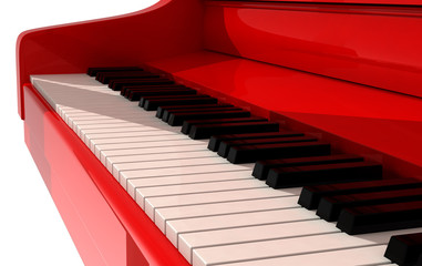 Red classic piano in empty white room