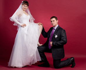 Couple newlyweds in wedding dress and suit