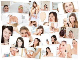 Obraz na płótnie Canvas Collage of cute women doing their makeup