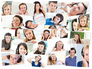 Collage of single people listening to music