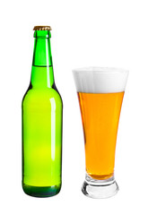 Bottle and glass with lager beer isolated on white background