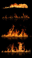Fire flames with reflection, isolated on black background