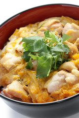 oyakodon , a bowl of rice with chicken and eggs , japanese dish