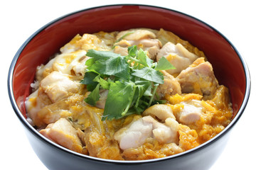 oyakodon , a bowl of rice with chicken and eggs , japanese dish