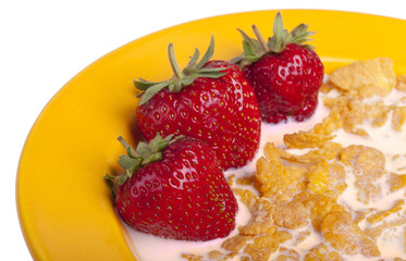 studio-shot of a plate with cornflakes and strawberries.