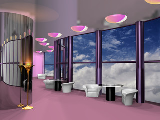 Interior of modern cosmic cafe, 3d render.