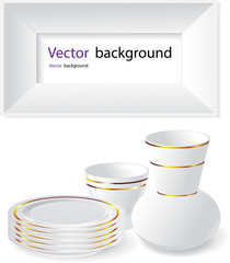 Empty white dishes with gold border. Vector format