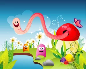 Tuinposter fantasie landschap met karakters vector © chispas