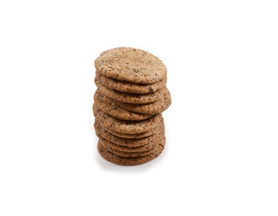 Straight stack of cookies on a white background