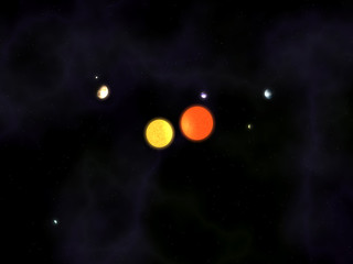 Obraz na płótnie Canvas Solar system with a binary star and five planets in space