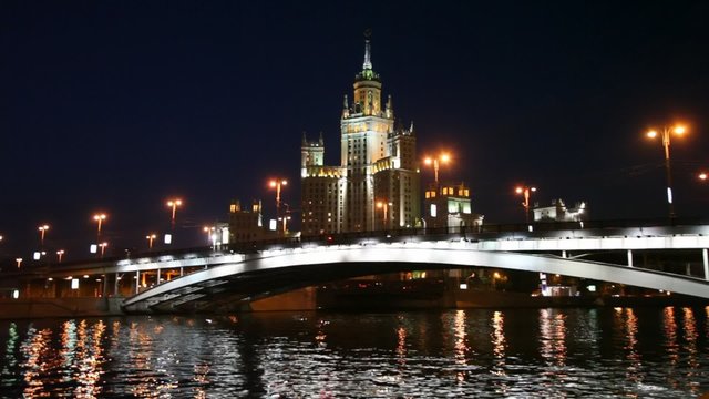 bridge and Skyscraper on Kotelnicheskaya Enb in Moscow