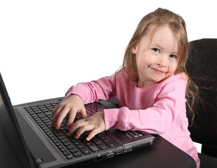 girl on a laptop - isolated over a white background