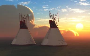 Peel and stick wall murals Indians Two Teepees at Sunset