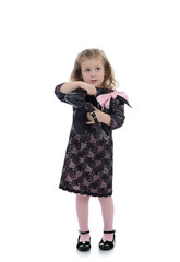 Pretty little child girl in black elegant party dress with empty