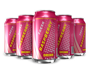 Set of raspberry soda drinks in metal cans