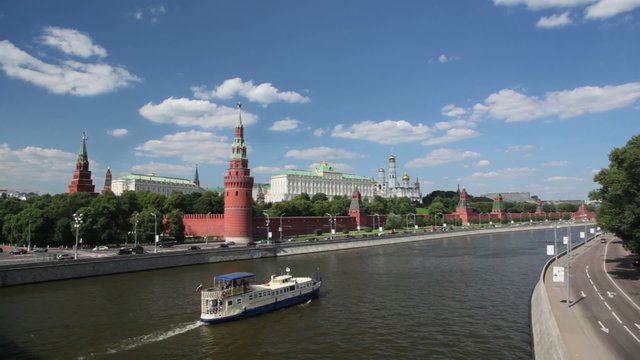 Kremlin from Moscow river front view, steam-ship passing by