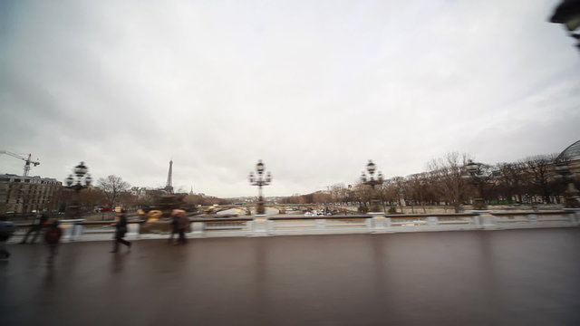 bridge Alexander III over River Seine, far seen Eiffel Tower