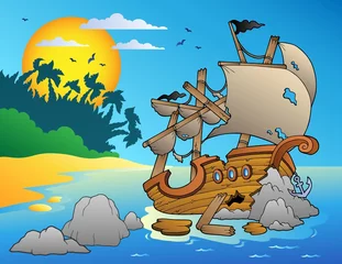 Foto op Plexiglas Piraten Zeegezicht met scheepswrak en rotsen