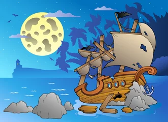 Foto op Plexiglas Piraten Nacht zeegezicht met schipbreuk