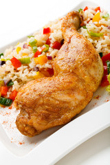Roasted chicken leg, rice and vegetables