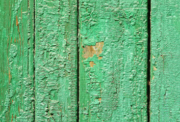 Closeup of wooden boards with green peeling paint texture