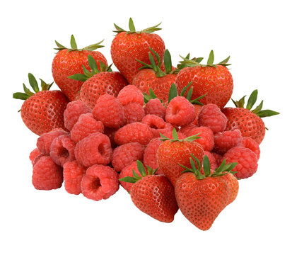 pile of fresh rasperries and strawberries