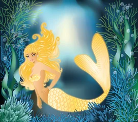 Foto auf Acrylglas Meerjungfrau Hübsche Goldmeerjungfrau mit Unterwasserhintergrund, Vektor