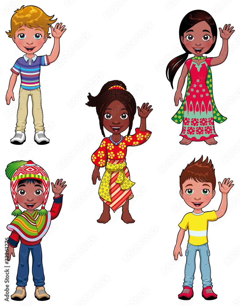 Sticker Children in the world. Cartoon and vector isolated characters.