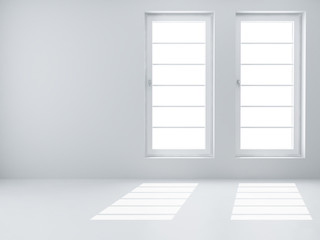 Two white windows and light from them in an empty room