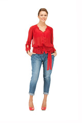 Fototapeta premium lovely woman in red blouse and jeans