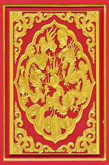 chinese style goden dragon on the red wood door.
