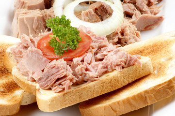 Thunfischbrot mit Tomate, Petersilie und Zwiebelringen