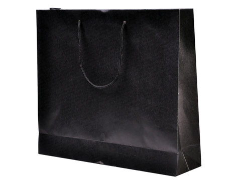 Black paper bag isolated on white background.