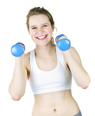 Fit active girl exercising with weights