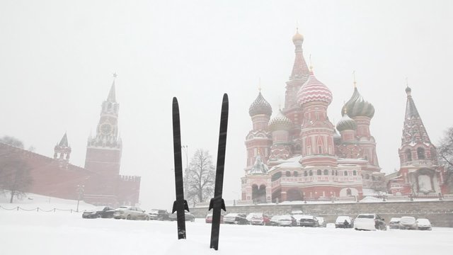 Pair of skis stacked vertically into snowdrift near Red Square