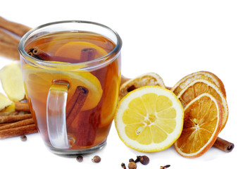 Tea with lemon isolated on white background