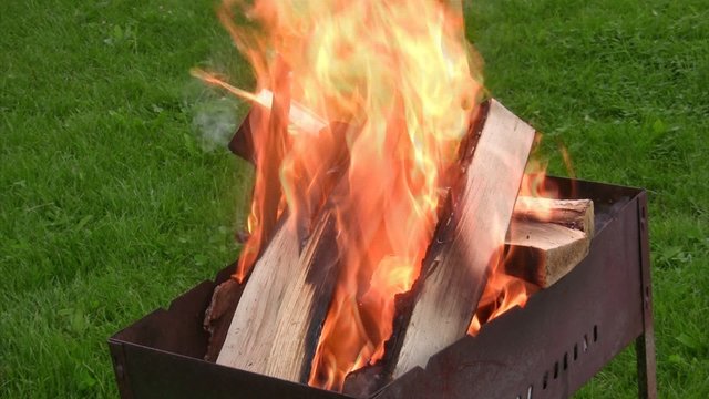 Brazier with burning fire wood against a green grass.