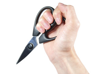 scissors in hand isolated on white background