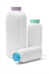 Plastic bottles of talcum powder