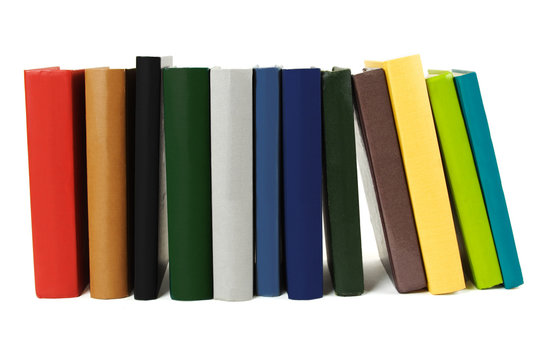 books in multicolored covers, view from back, isolated
