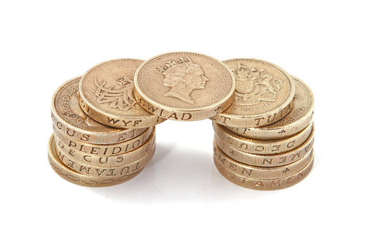 British, UK, pound coins on a plain white background.
