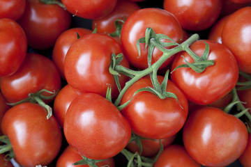 Close up of tomatoes for sale on market stall