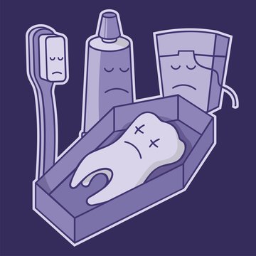 sad tooth in coffin with dental tools clip art preview