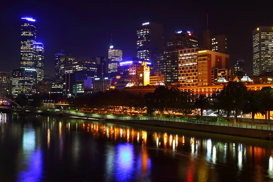 Melbourne City Lights over the Yarra River, Night, Australia