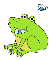 Frog eating fat fly, funny cartoon illustration.