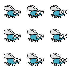 Cartoon fly set. Funny flies vector illustration.