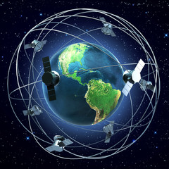 Satellites around earth - obrazy, fototapety, plakaty