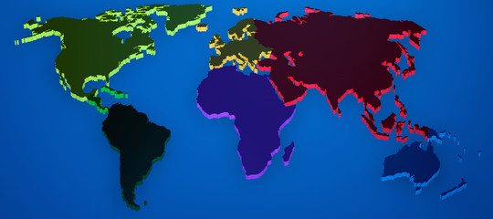 World map render 3D with continents separated