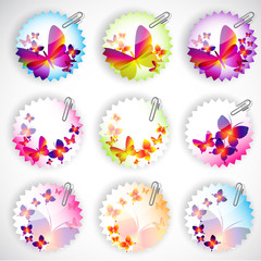 Round sticker with butterflies. Vector illustration set